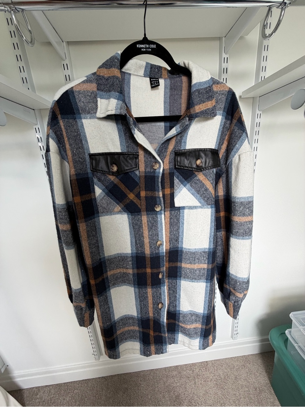 SHEIN Plaid Shacket in Blue, Cream & Brown
